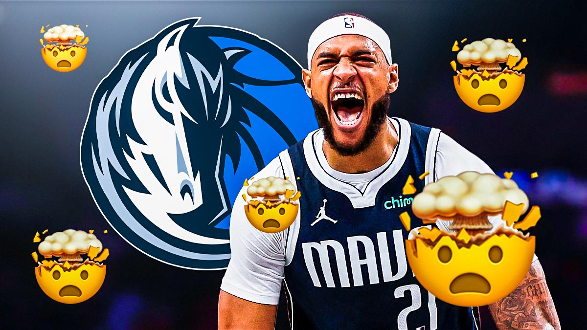Daniel Gafford screaming with the Dallas Mavericks logo behind him and shocking emojis all around.