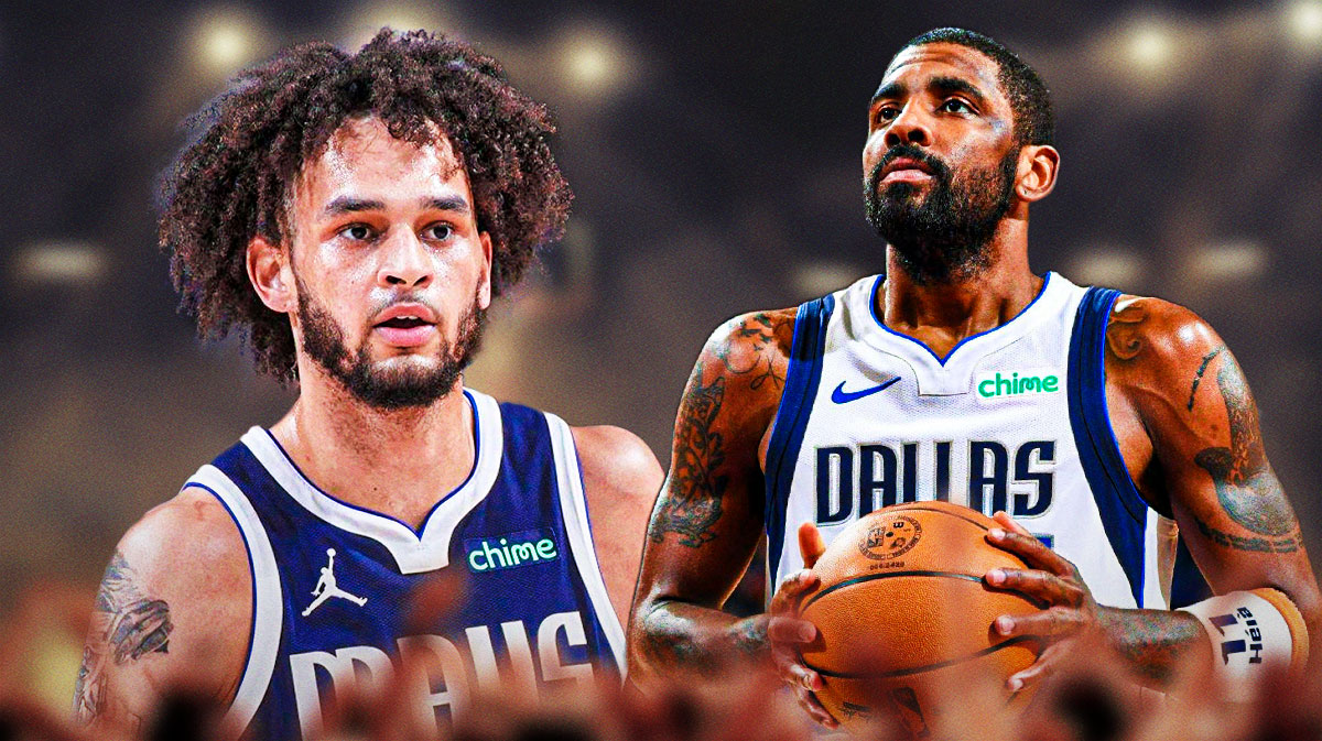 Mavericks Dereck Lively II looking serious on left. Mavericks Kyrie Irving shooting a basketball on right.