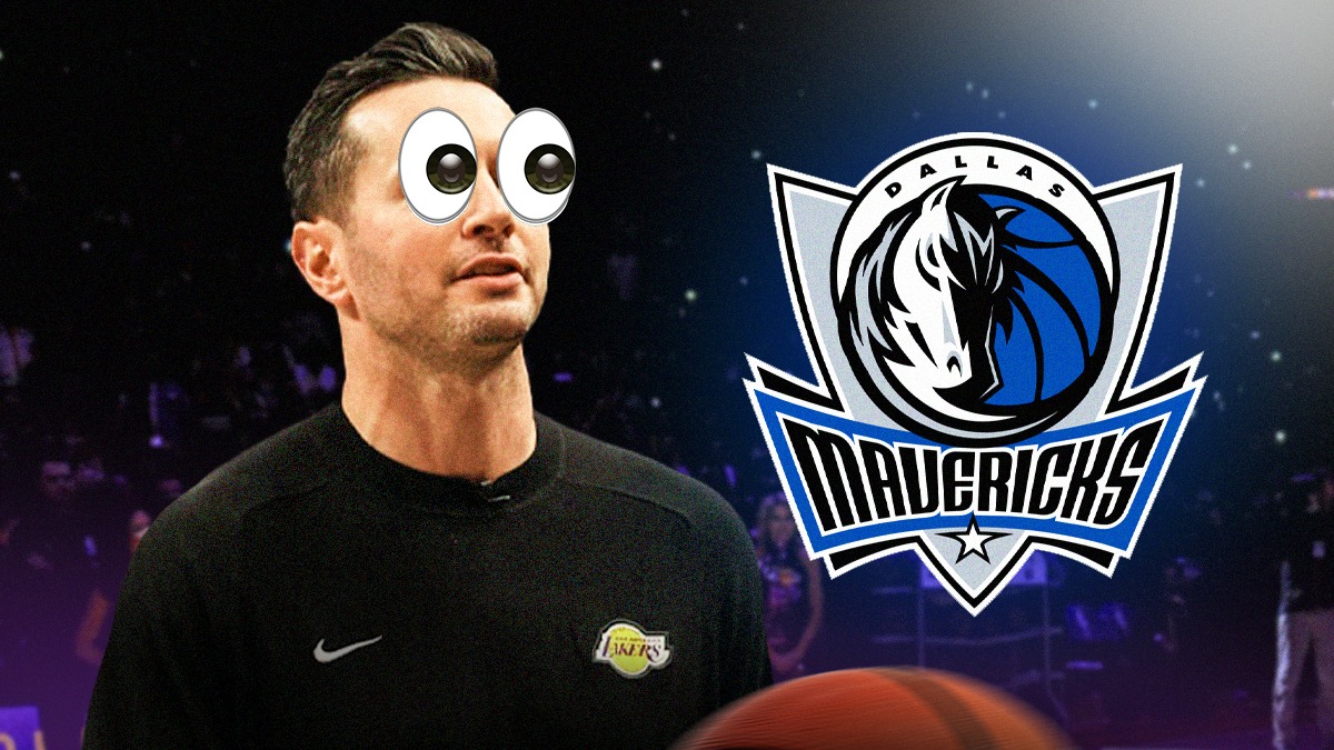 Lakers JJ Redick with eyes popping out looking at Mavericks logo.