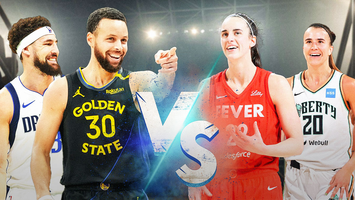 Mavericks' Klay Thompson and Warriors' Stephen Curry smiling on the left, with VS logo in the middle, Fever's Caitlin Clark and Liberty's Sabrina Ionescu smiling on the right