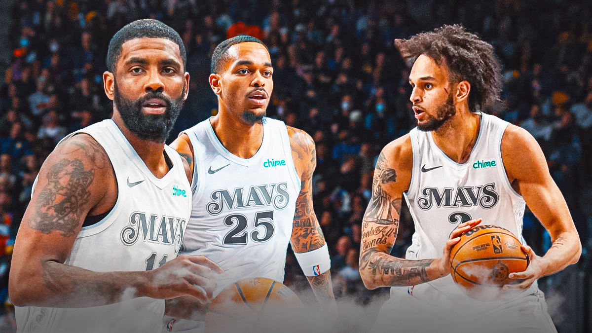 Mavericks Kyrie Irving, Mavericks PJ Washington both looking serious on left. Mavericks Dereck Lively II looking serious on right.
