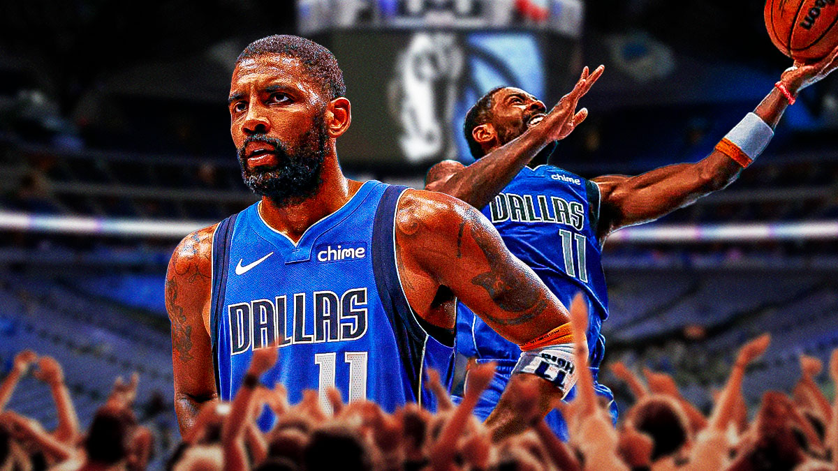 Mavericks Kyrie Irving looking completely serious on left and in front. In background and on right, have Mavericks Kyrie Irving scoring a lay-up.