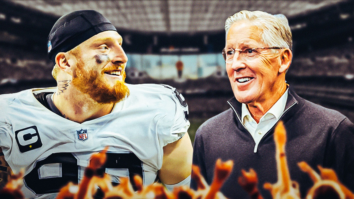 Raiders Maxx Crosby celebrating with Raiders Pete Carroll
