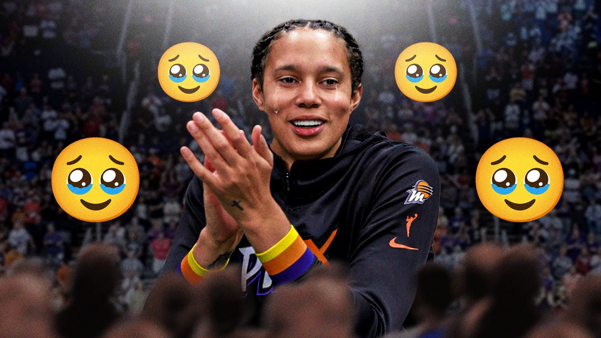 Former Mercury center Brittney Griner clapping her hands and a tear drop running down her face. Also, there are silhouettes of fans below her, and a background of a Mercury home playoff crowd. There's also this emoji all around Griner (🥹)