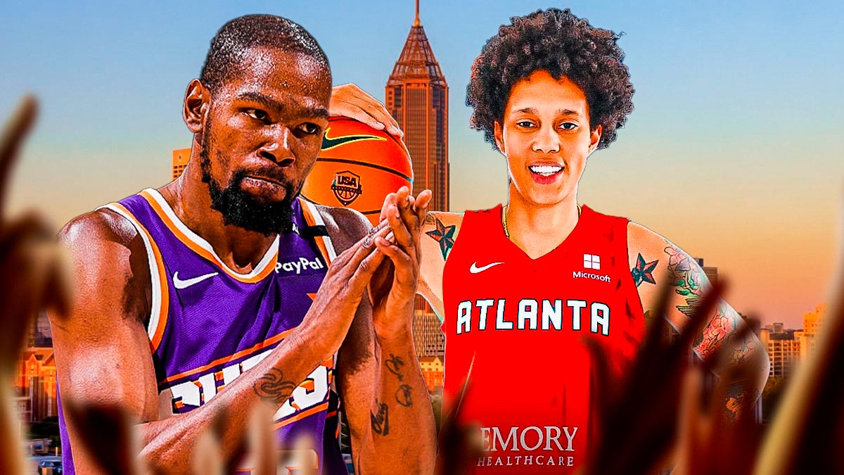 Kevin Durant clapping his hands, with Brittney Griner in an Atlanta Dream jersey, with a background of downtown Atlanta.