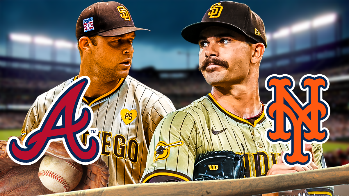 Photo: Dylan Cease, Michael King both in Padres jerseys in action, Braves and Mets logos in background