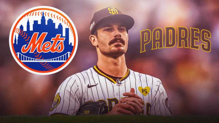 Dylan Cease in the center, with the Padres and Mets logos in the background.