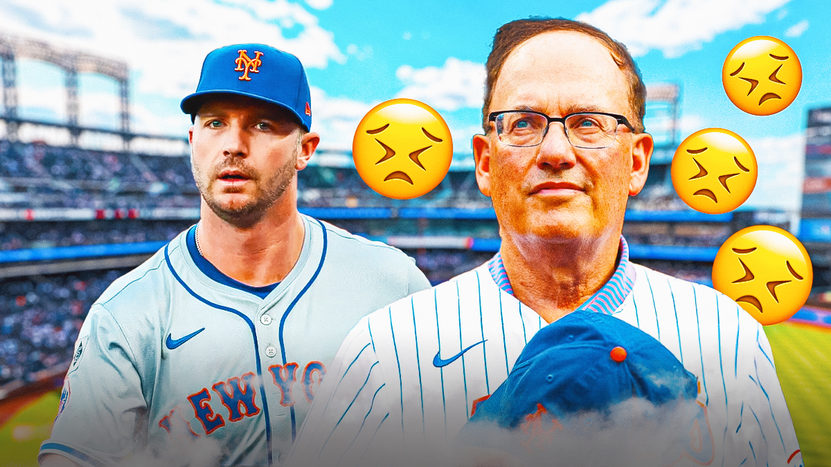 Mets owner Steve Cohen standing next to Pete Alonso. Steve Cohen looks concerned and has the 😣 emojis surrounding him.