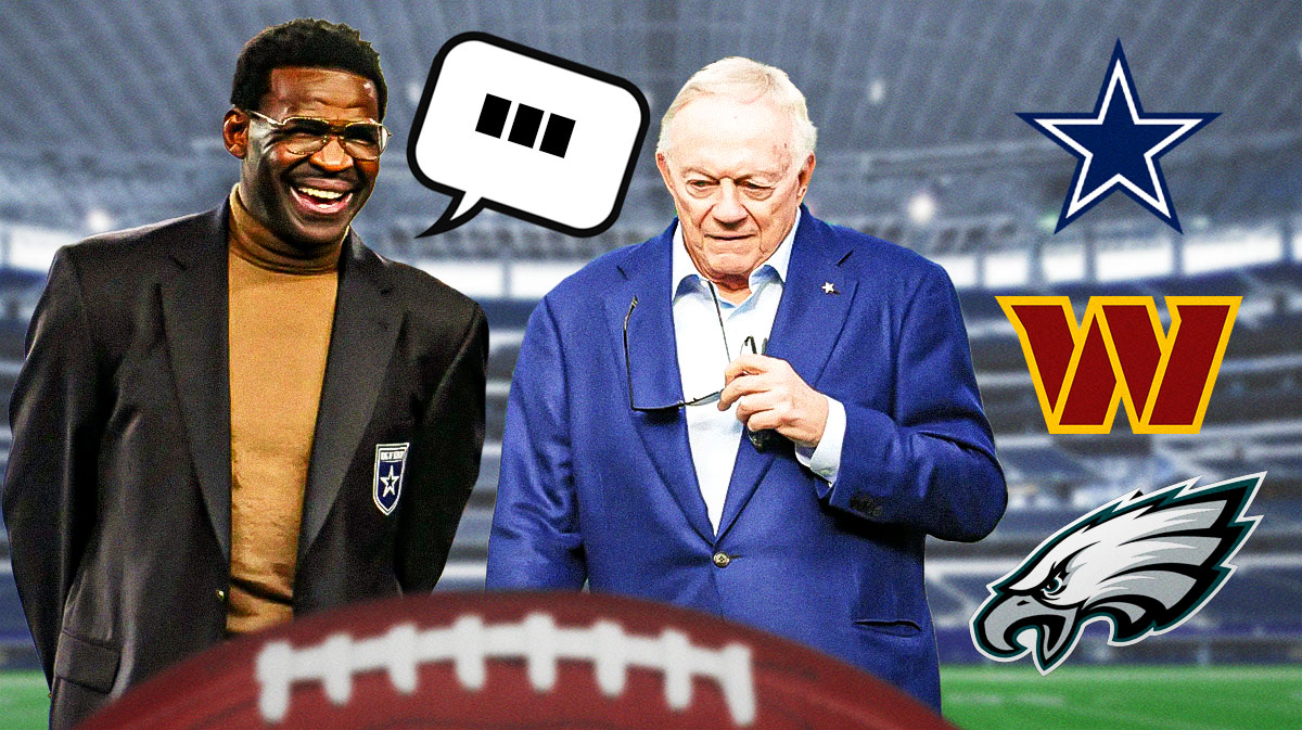 Former Cowboys wide receiver Michael Irvin with a speech bubble that has the three dots emoji inside. He is next to Cowboys owner Jerry Jones. There are also logos for the Dallas Cowboys, Washington Commanders, and Philadelphia Eagles.