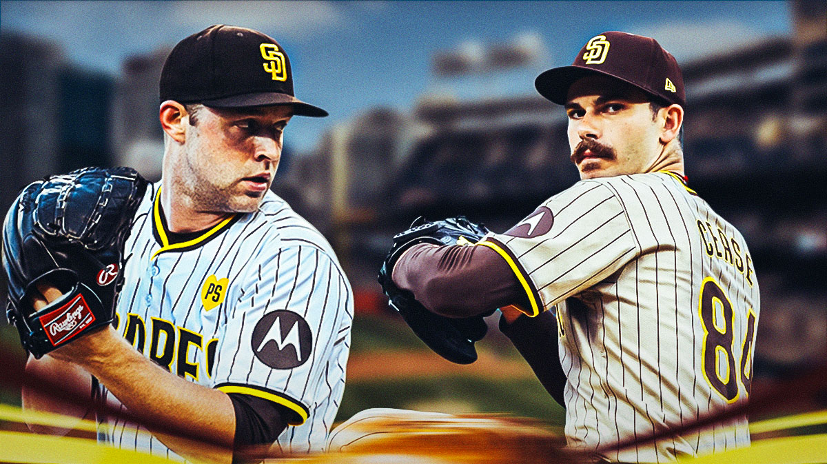 Michael King and Dylan Cease (Padres) pitching, Petco Park background