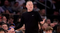 Jan 29, 2025; New York, New York, USA; Denver Nuggets head coach Michael Malone coaches against the New York Knicks during the first quarter at Madison Square Garden. Mandatory Credit: Brad Penner-Imagn Images