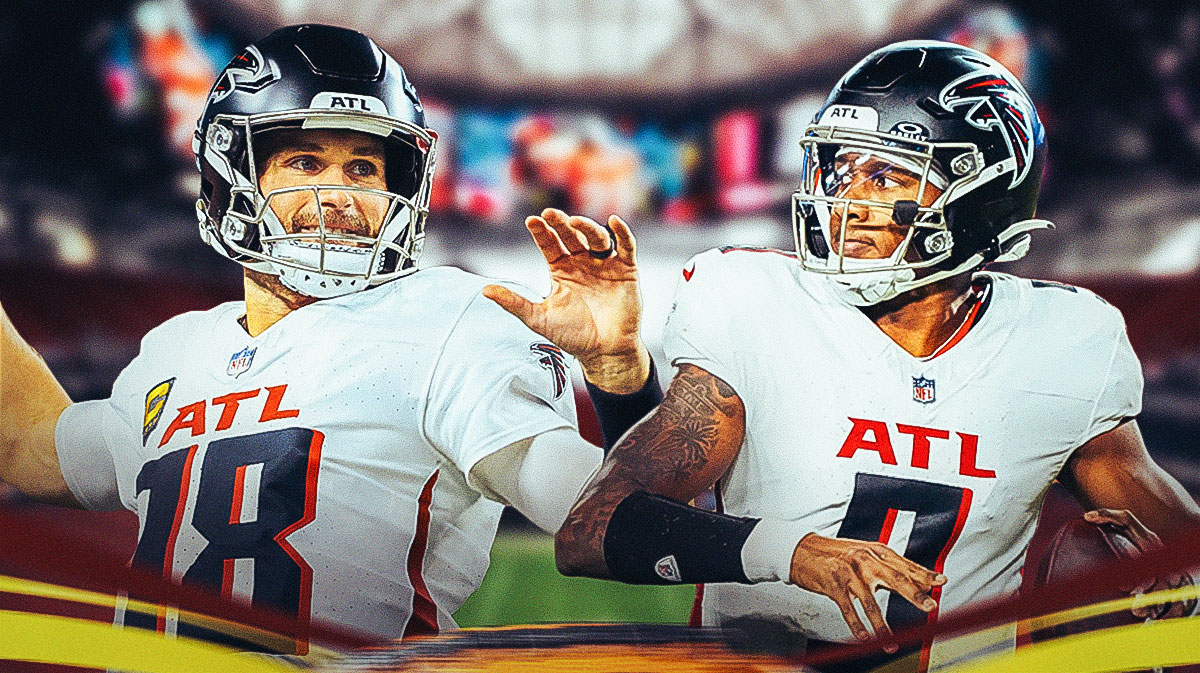 Atlanta Falcons stars Michael Penix Jr. and Kirk Cousins in front of Mercedes-Benz Stadium.