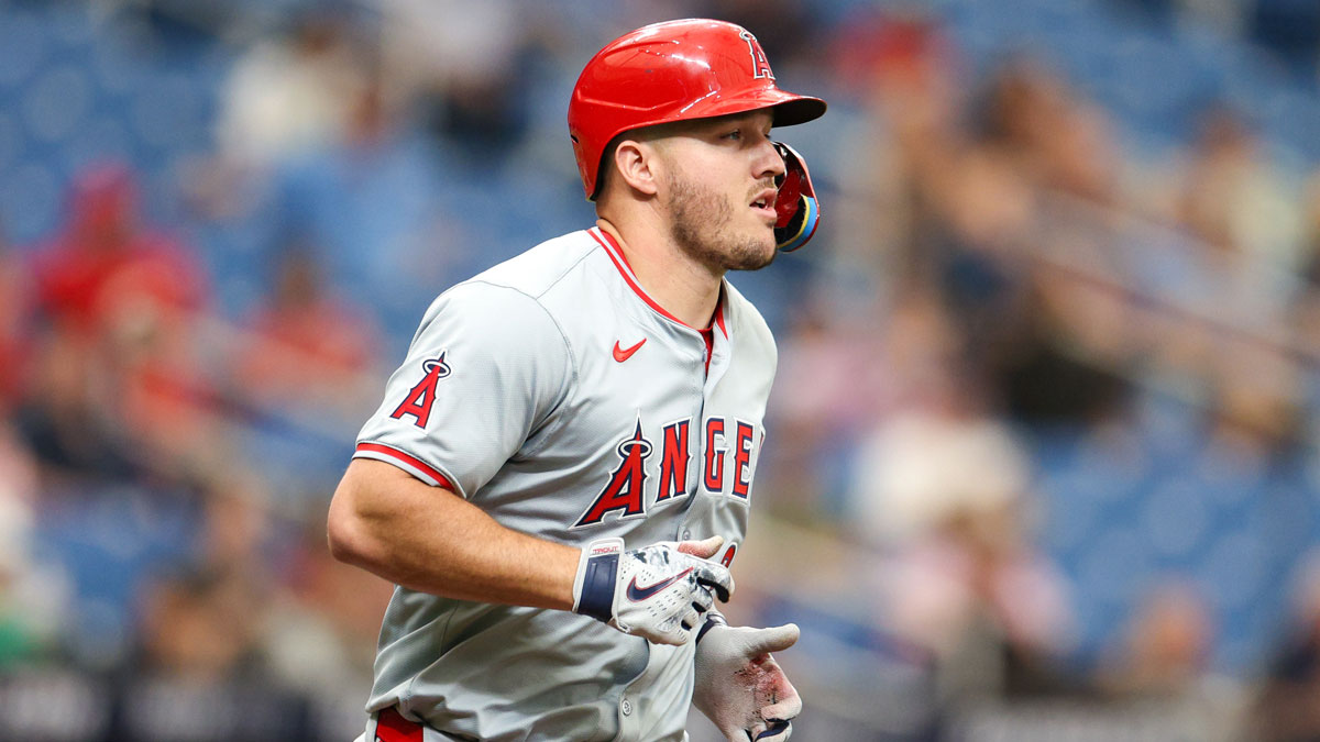 Los Angeles Angels outfielder Mike Trout (27) walks to first base against the Tampa Bay Rays in the sixth inning at Tropicana Field.