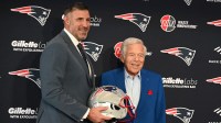 Mike Vrabel (left) poses for a photo with New England Patriots owner Robert Kraft (right) after a press conference at Gillette Stadium to introduce him as the Patriots new head coach.