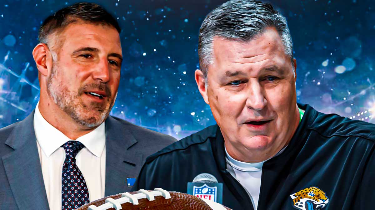Patriots' Mike Vrabel next to Doug Marrone, Patriots logo in background