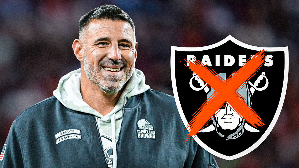 Mike Vrabel next to a crossed out Raiders logo