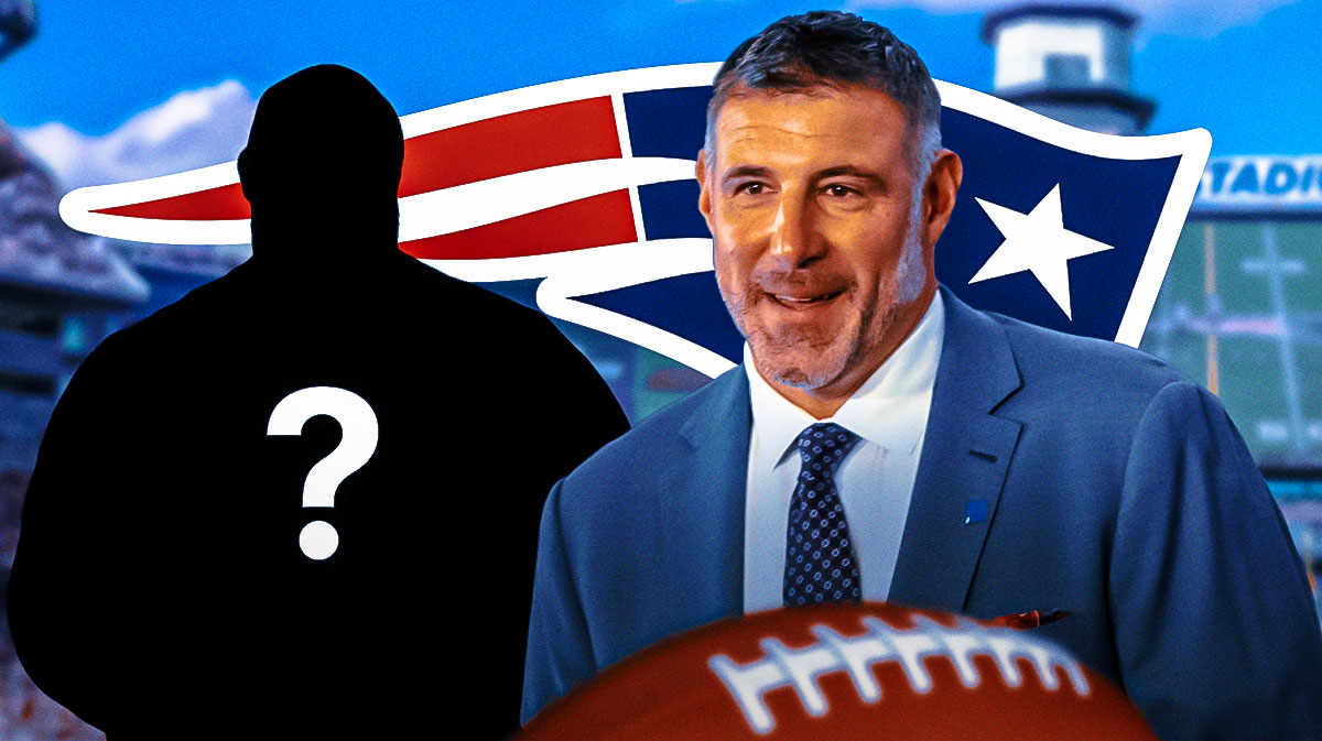 New England Patriots head coach Mike Vrabel next to a silhouette of an American football coach with a big question mark emoji inside. There is also a logo for the New England Patriots.