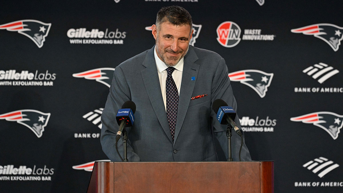 Mike Vrabel addresses media at a press conference to announce his hiring as the New England Patriots head coach at Gillette Stadium.