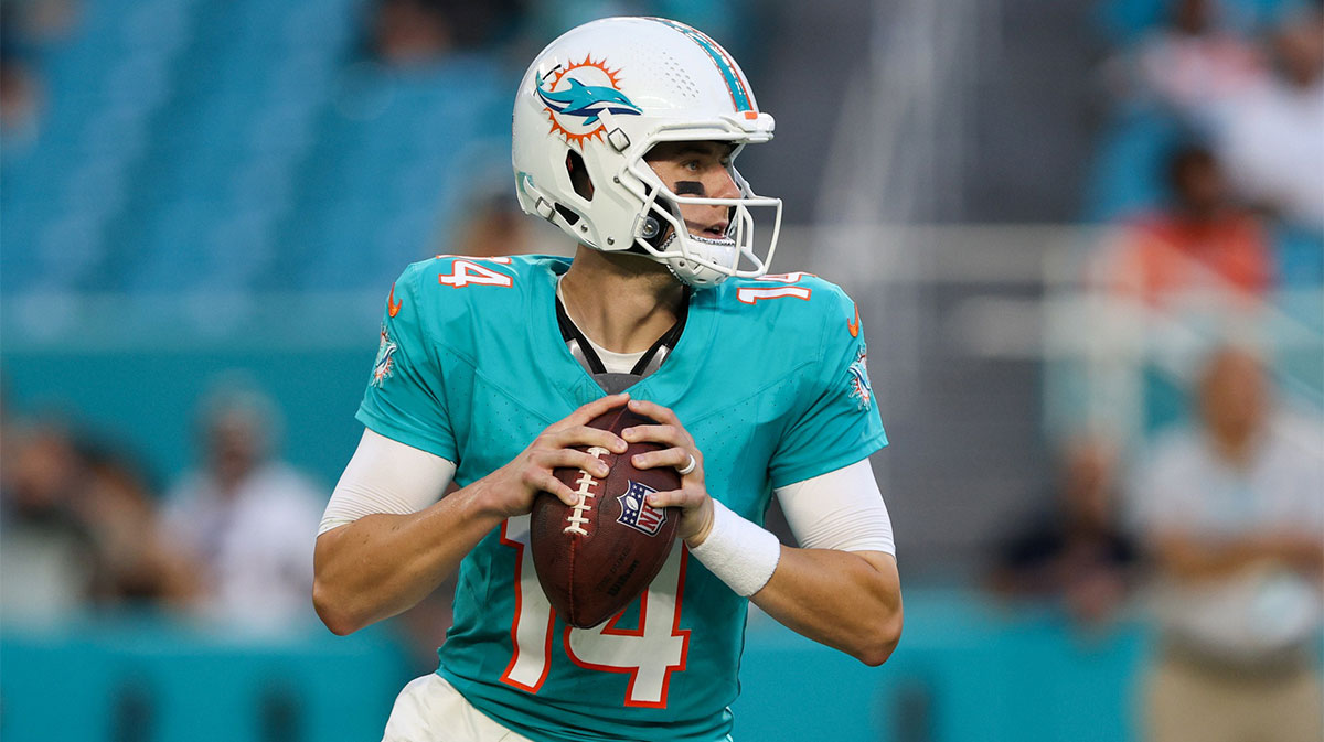 Miami Dolphins quarterback Mike White (14) drops back to pass against the Atlanta Falcons in the first quarter at Hard Rock Stadium.