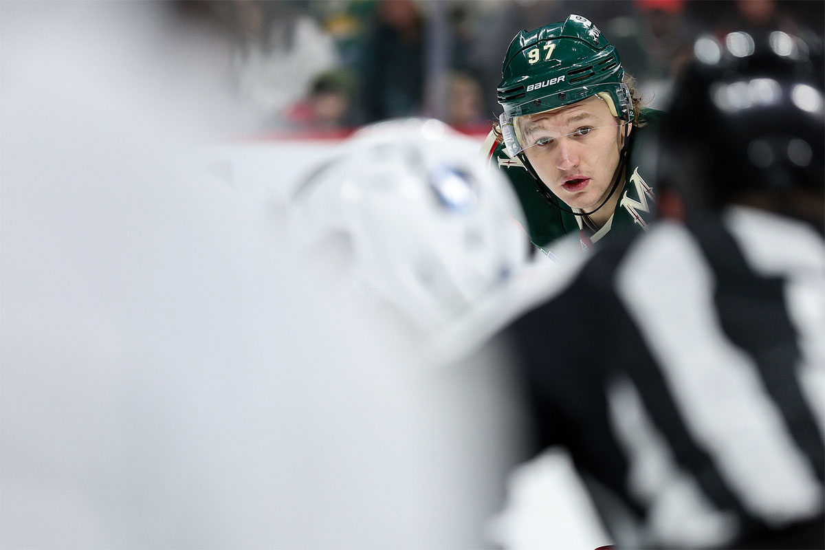 Minnesota Wild left wing Kirill Kaprizov (97) prepares for a faceoff against the Utah Hockey Club during the second period at Xcel Energy Center.