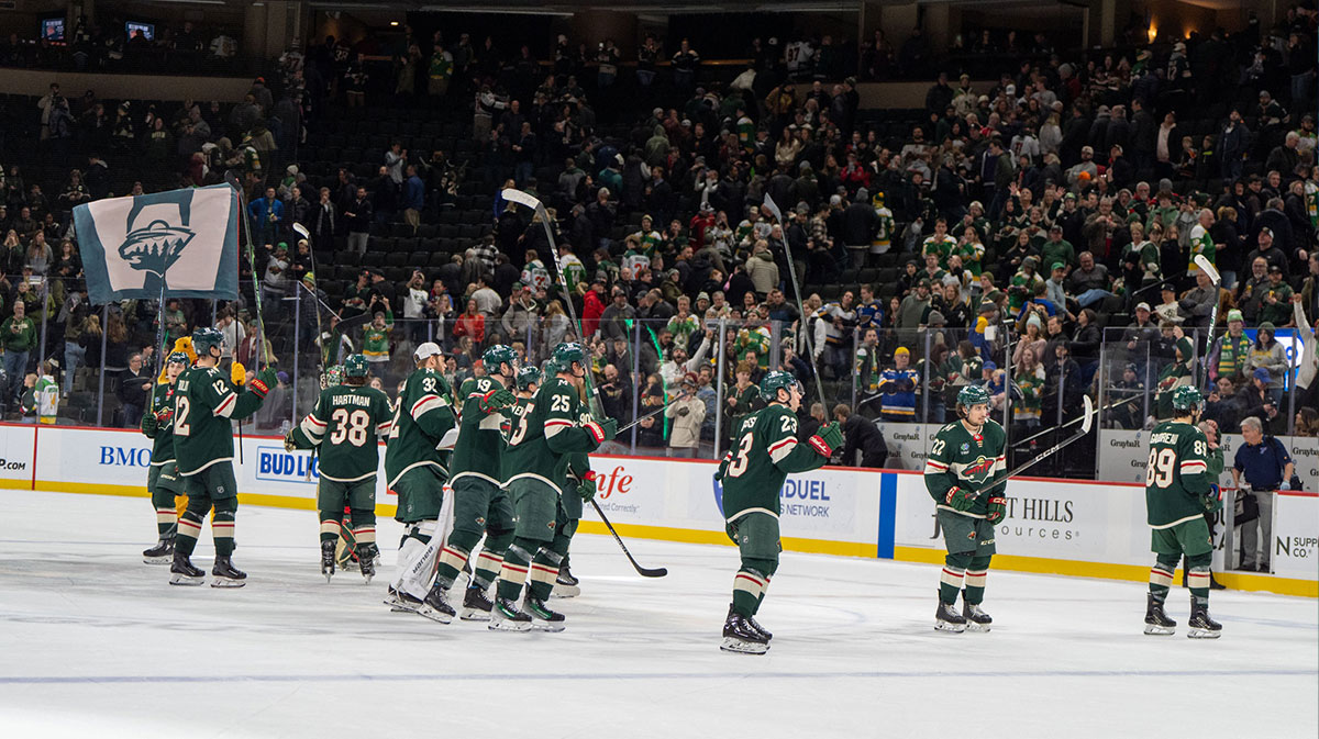 The Minnesota Wild celebrate defeating the St. Louis Blues at Xcel Energy Center.
