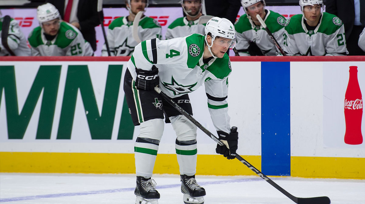 Dallas Stars defenseman Miro Heiskanen (4) gets in position for a faceoff in the second period against the Ottawa Senators at the Canadian Tire Centre.