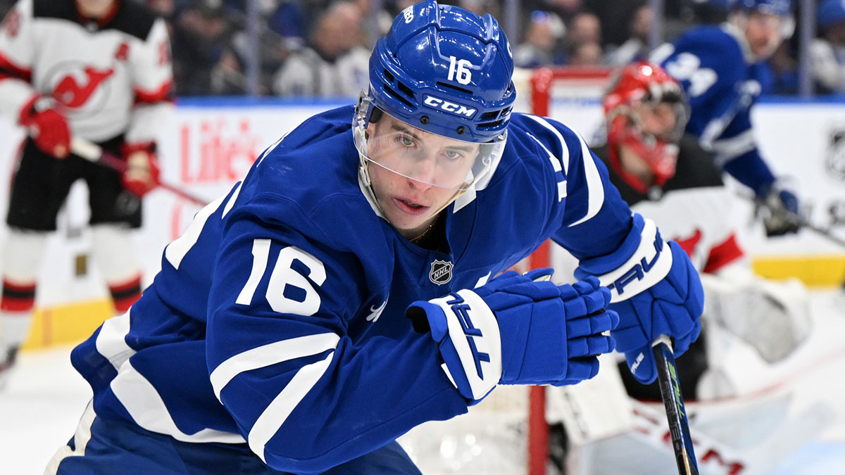 Toronto Maple Leafs forward Mitch Marner (16) pursues the play against the New Jersey Devils in the first period at Scotiabank Arena.