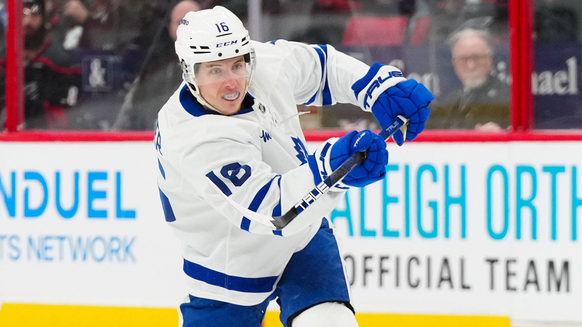 Toronto Maple Leafs right wing Mitch Marner (16) takes a shot against the Carolina Hurricanes during the second period at Lenovo Center.