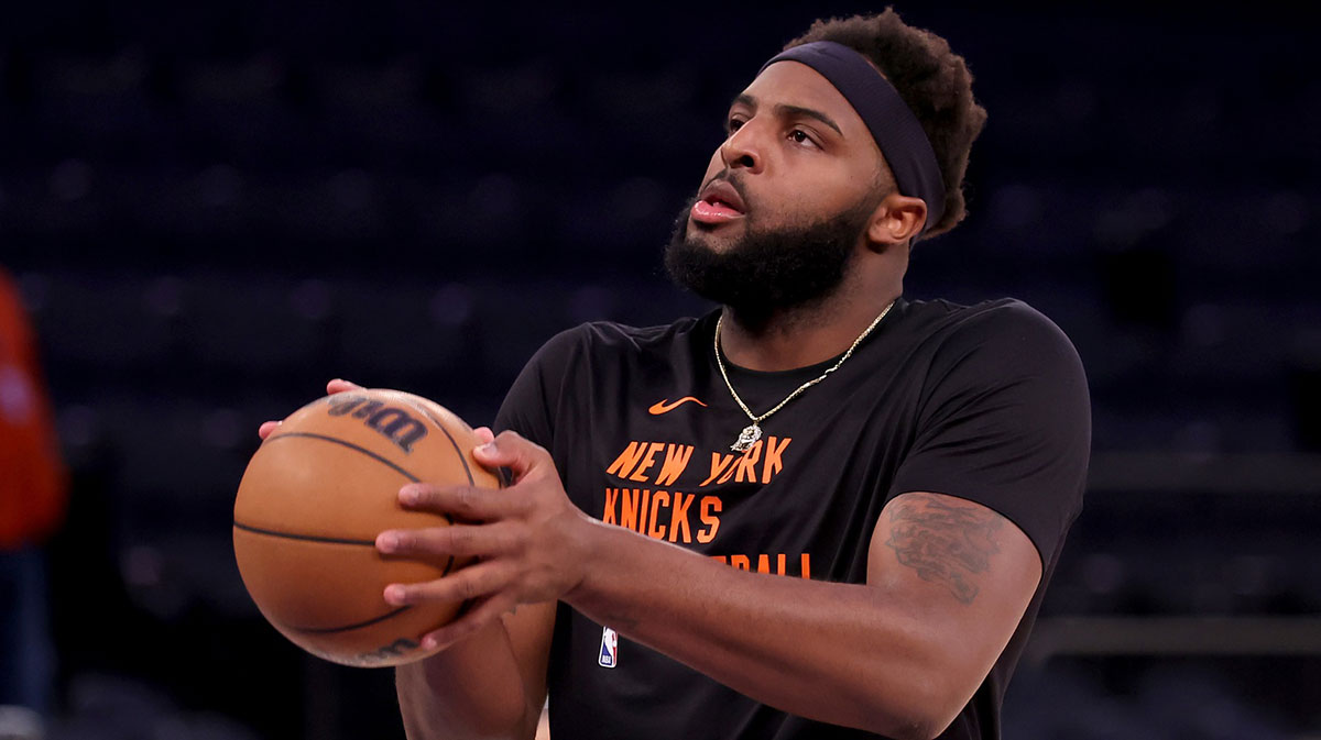 New York Knicks center Mitchell Robinson (23) warms up before game five of the first round of the 2024 NBA playoffs against the Philadelphia 76ers at Madison Square Garden.