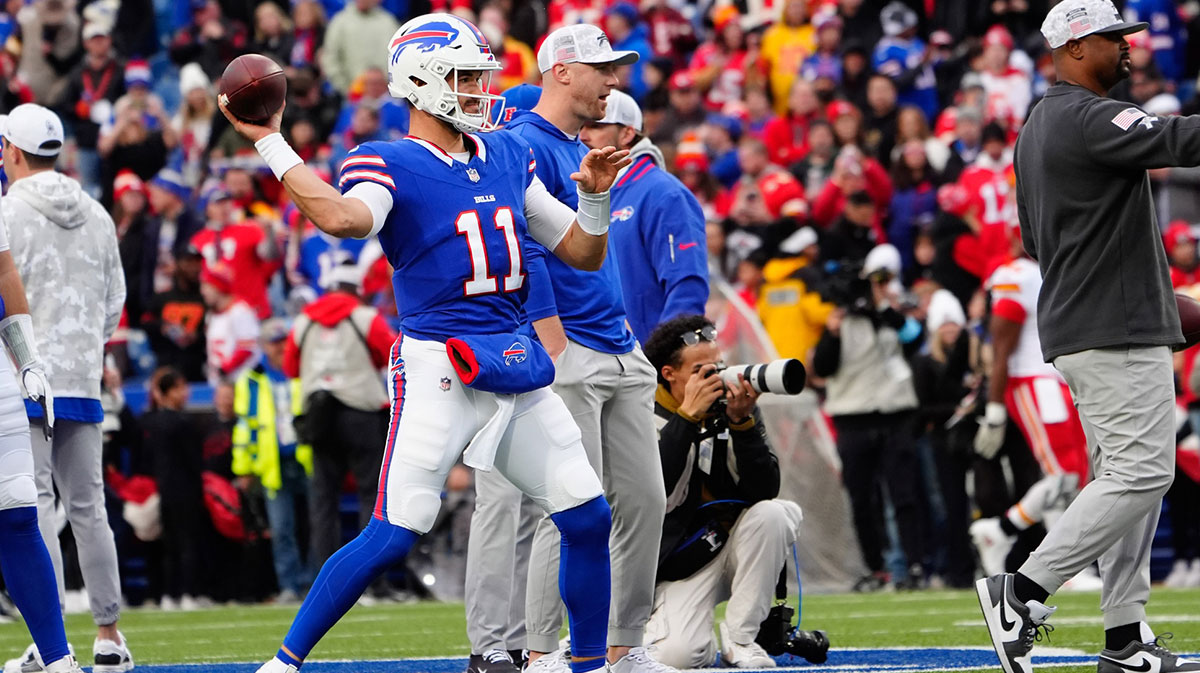 Nov 17, 2024; Orchard Park, New York, USA; Buffalo Bills quarterback Mitchell Trubisky (11) warms up prior to the game against the Kansas City Chiefs at Highmark Stadium.