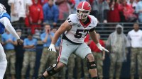 Nov 9, 2024; Oxford, Mississippi, USA; Georgia Bulldogs offensive lineman Monroe Freeling (57) blocks during the first half against the Mississippi Rebels at Vaught-Hemingway Stadium.