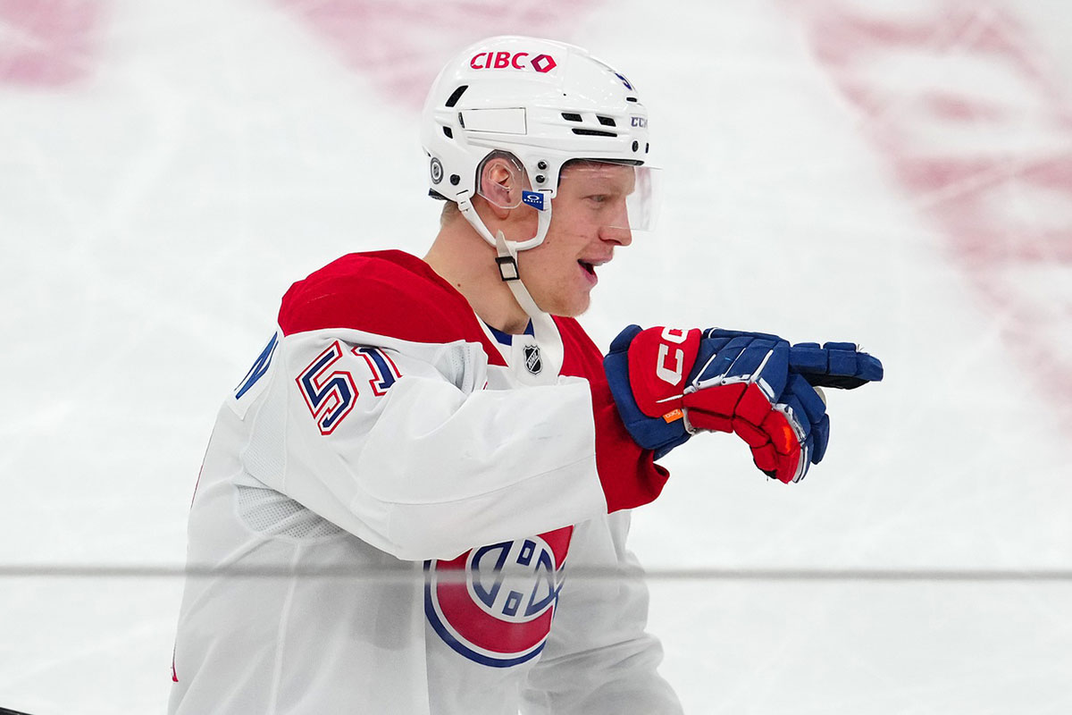 Montreal Canadiens left wing Emil Heineman (51) celebrates after scoring a goal against the Vegas Golden Knights during the third period at T-Mobile Arena
