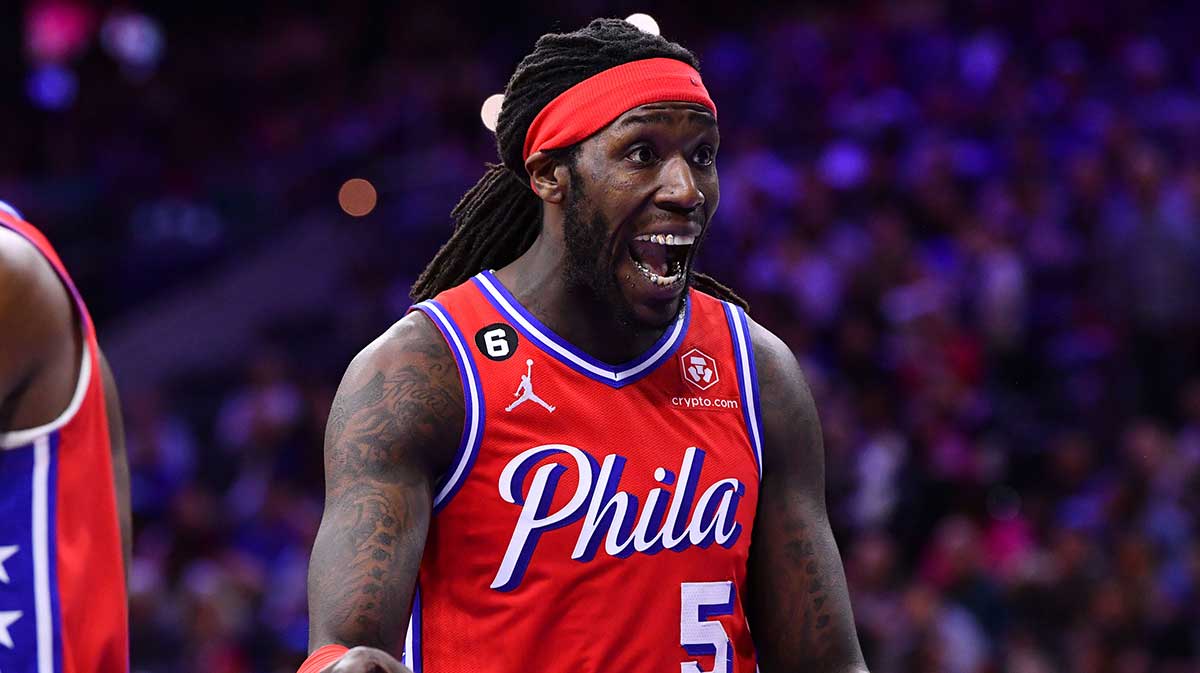 Philadelphia 76ers center Montrezl Harrell (5) reacts against the New York Knicks in the second quarter at Wells Fargo Center.