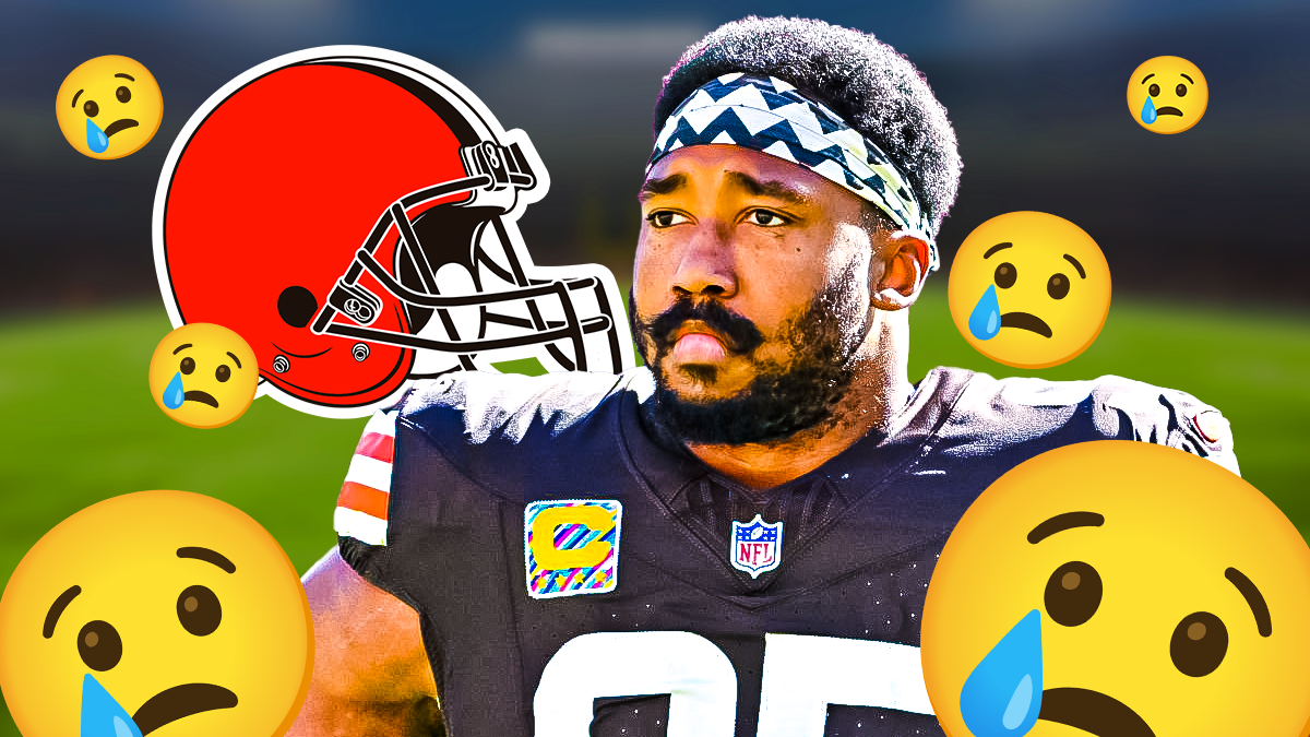 Browns defensive end Myles Garrett looking sad with crying emojis around him and the Browns logo