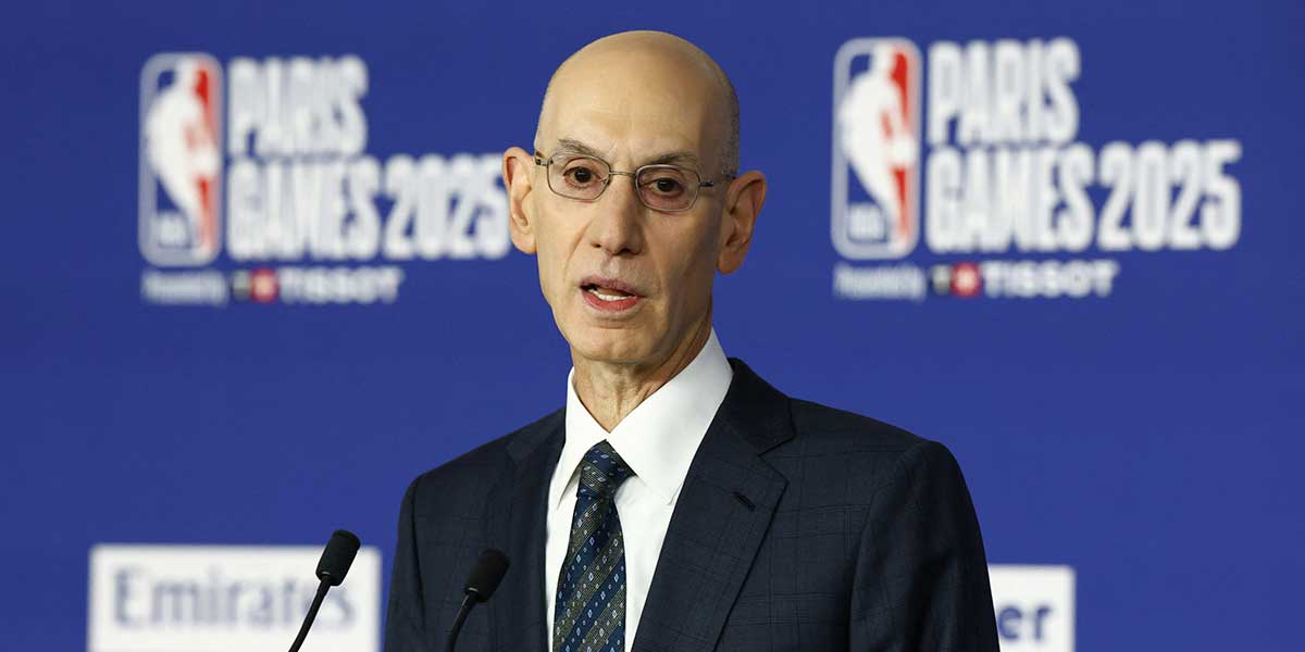 NBA commissioner Adam Silver speaks before the Paris Games 2025 NBA basketball game between the San Antonio Spurs and Indiana Pacers at Accor Arena