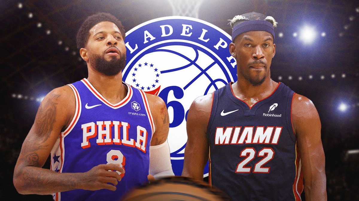 76ers' Paul George and Heat's Jimmy Butler with 76ers logo behind them