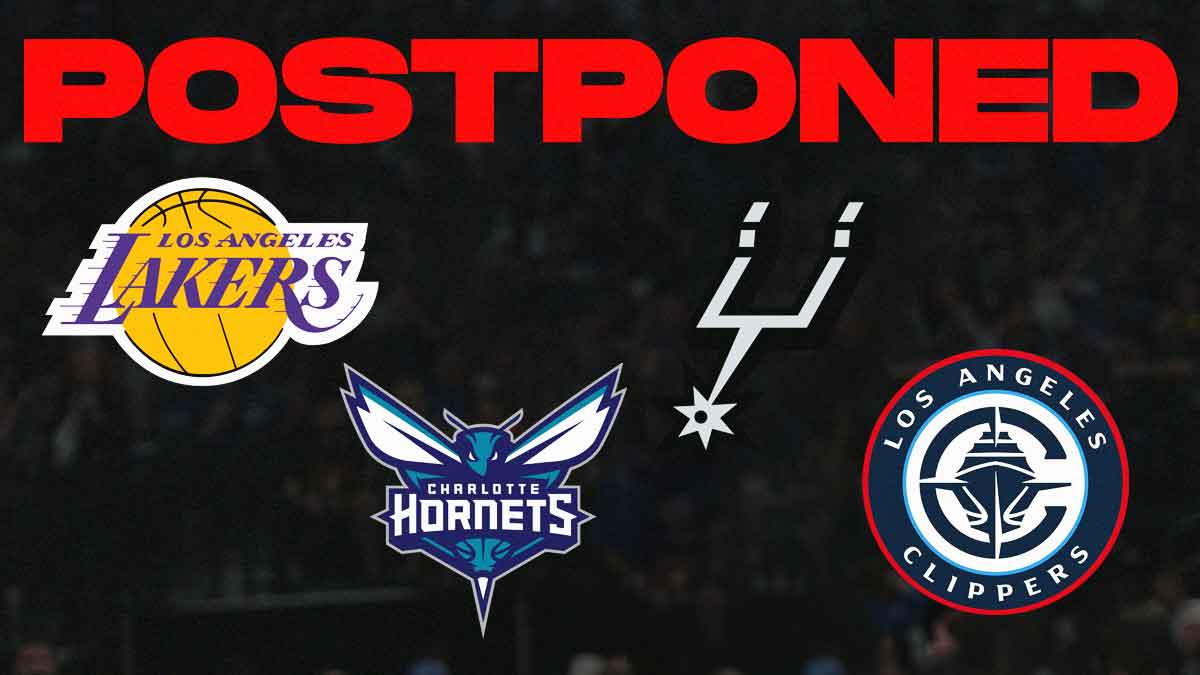 The Los Angeles Lakers, Charlotte Hornets, San Antonio Spurs, and Los Angeles Clippers logos with the word "Postponed" above all of the logos