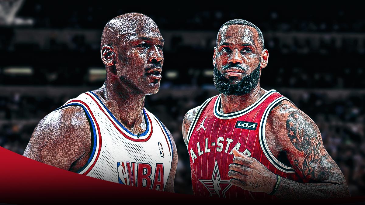 LeBron James and Michael Jordan together in their All-Star Game jerseys.