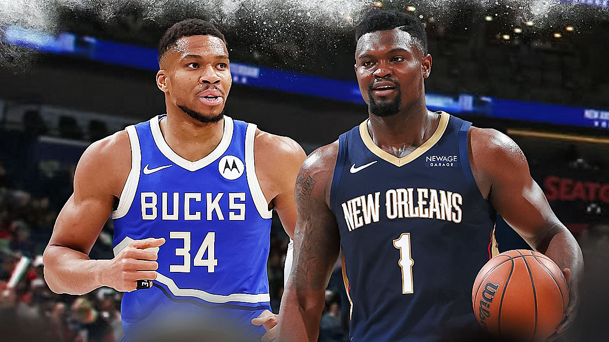 Image: Giannis Antetokounmpo. Zion Williamson. Smoothie king center, snow falling in background.