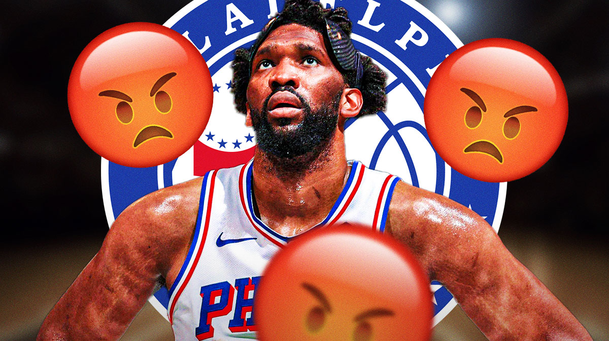 76ers center Joel Embiid with angry emojis around him, and the 76ers logo in the background.
