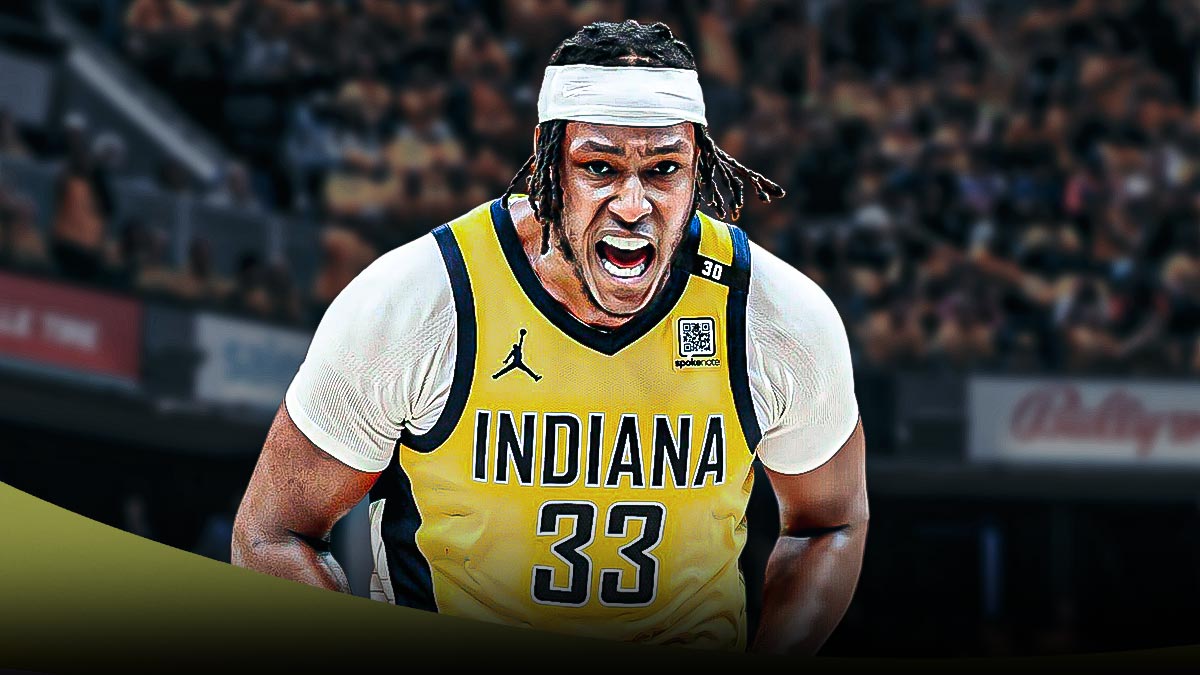 Indiana Pacers player Myles Turner with the Pacers arena in the background, NBA trade deadline, free agency