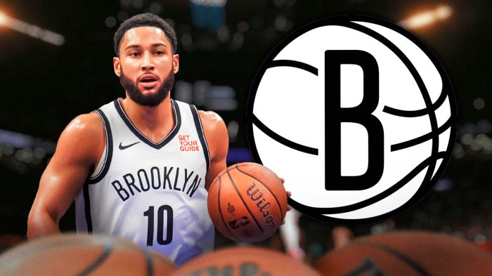 Nets Ben Simmons dribbling a basketball on left. Brooklyn Nets 2024-25 logo on right.