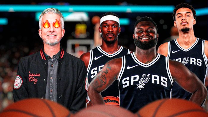 Bill Simmons (with fire on his eyes) next to Zion Williamson (in a Spurs uniform), Jimmy Butler (in a Spurs uniform) and Victor Wembanyama