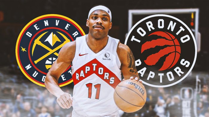 Bruce Brown in the middle, the Toronto Raptors logo on one side, the Denver Nuggets logo on the other side
