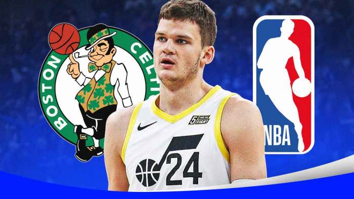 Celtics logo next to Jazz center Walker Kessler & the NBA logo in the background on Celtics trading Jaden Springer