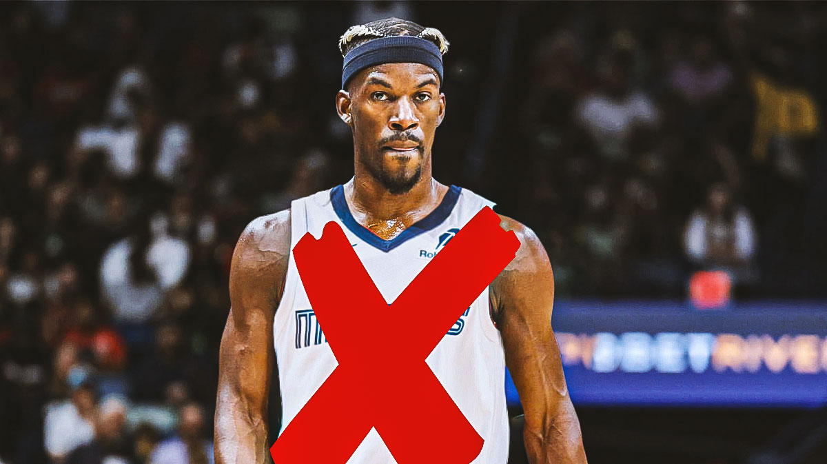 Miami Heat star Jimmy Butler wearing a Grizzlies jersey but it is crossed out in front of Kaseya Center.