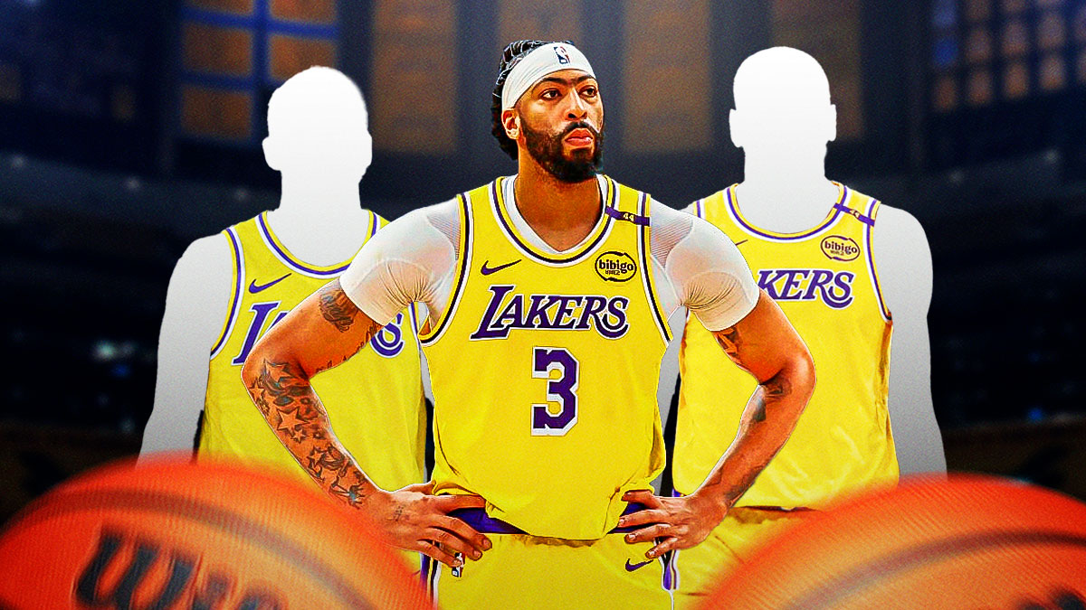 Anthony Davis with two mystery players with Lakers jerseys on both sides of him.
