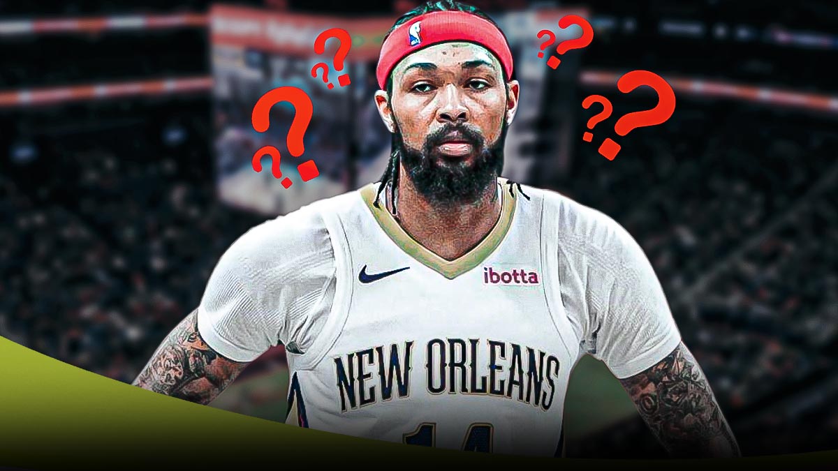 New Orleans Pelicans star Brandon Ingram with question marks around him in front of Smoothie King Center.