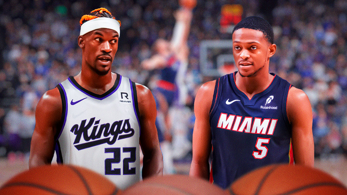 Jimmy Butler in a Kings jersey and De'Aaron Fox in a Heat jersey.