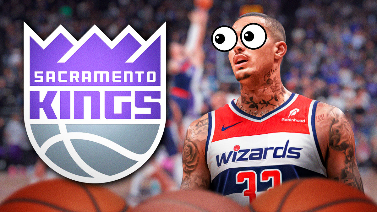 Kyle Kuzma looks at Sacramento Kings logo with bulging eyes
